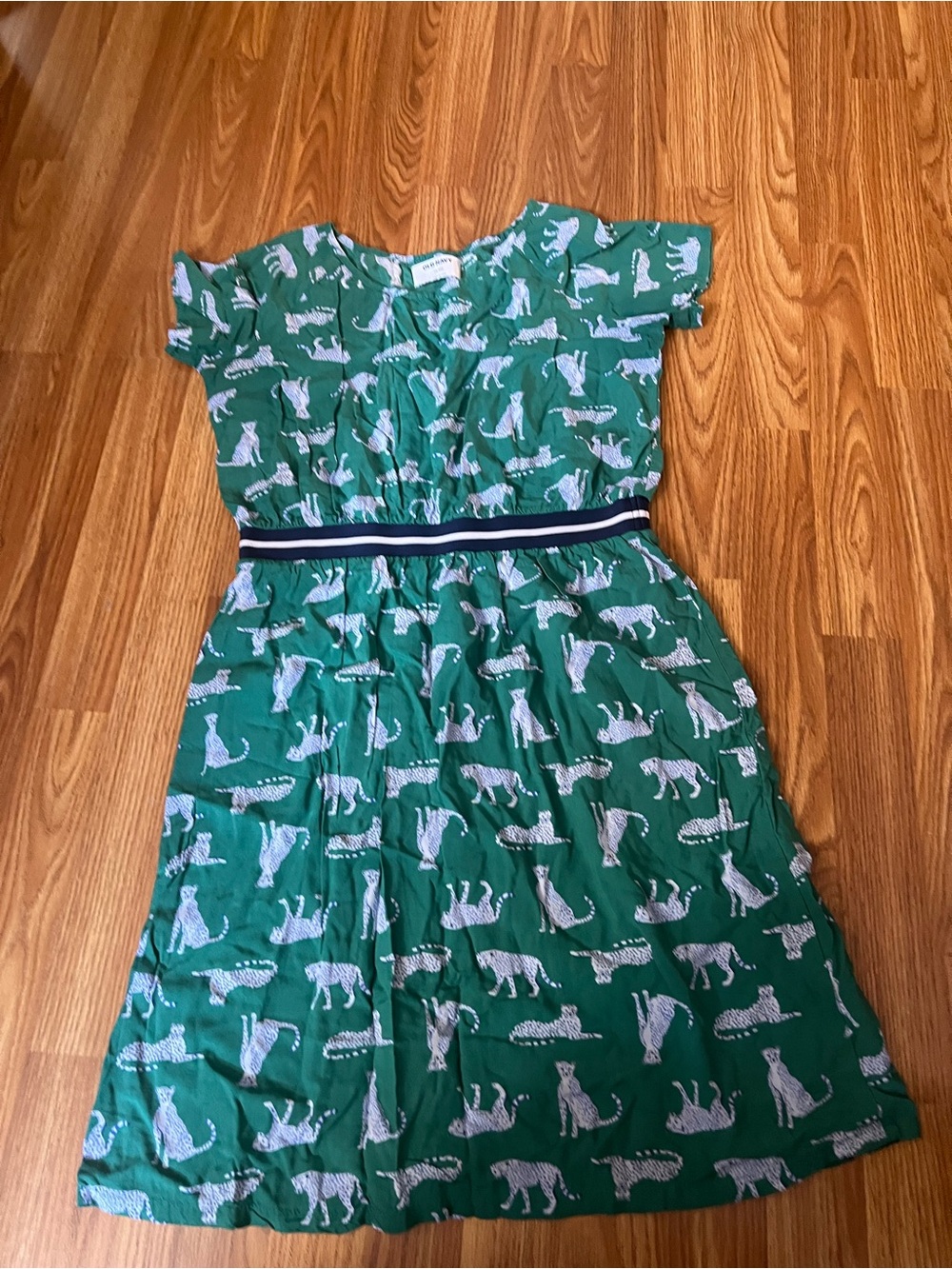Old Navy Green Dress with White Animal Print and Striped Waistband
